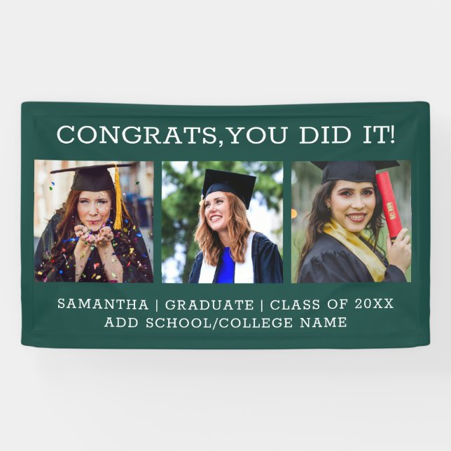 Banderoles 3 Photo Félicats Gradué 2025 Graduation Green (Horizontal)