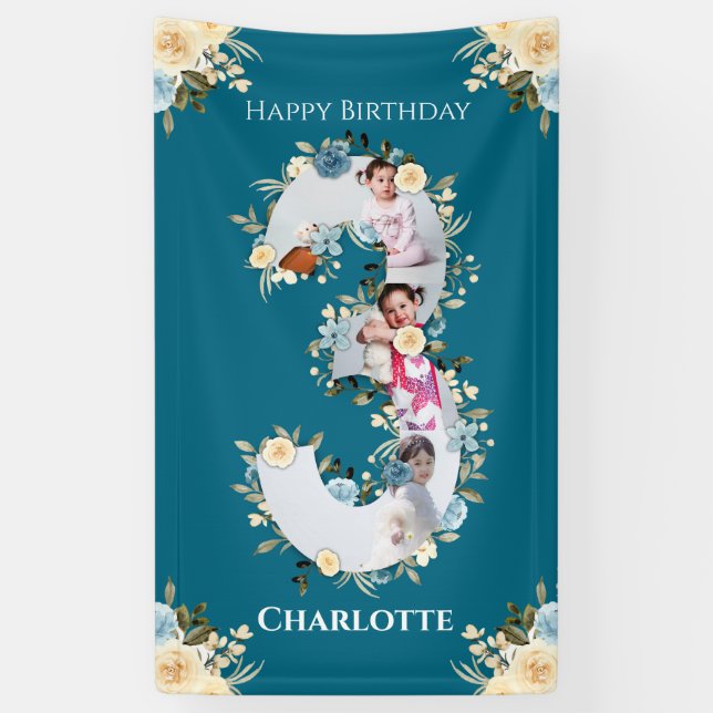 Banderoles 3e anniversaire Fleur Turquoise photo Collage bleu (Vertical)