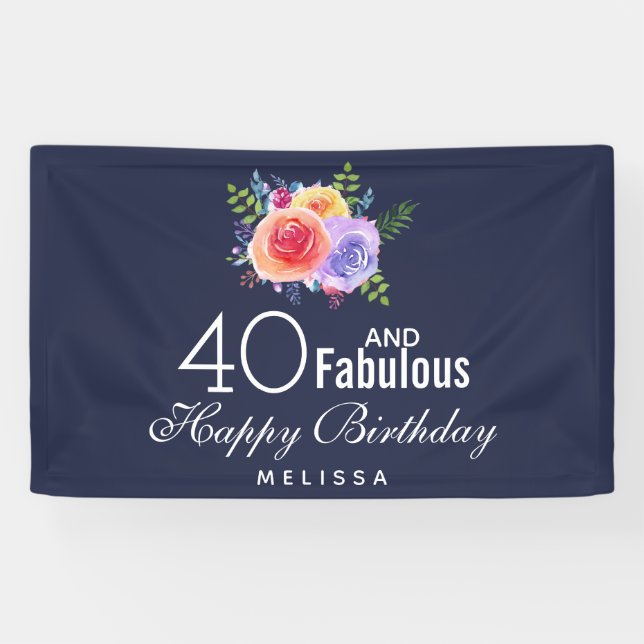 Banderoles 40 et texte fabuleux - Aquarelle Floral Anniversai (Horizontal)
