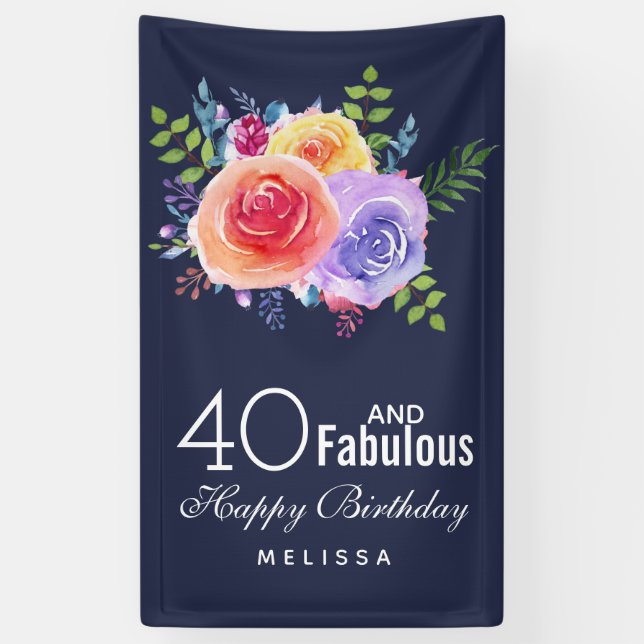 Banderoles 40 et texte fabuleux - Aquarelle Floral Anniversai (Vertical)