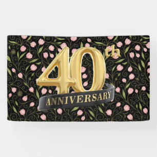 Banderoles 40e anniversaire fleur rose sur noir