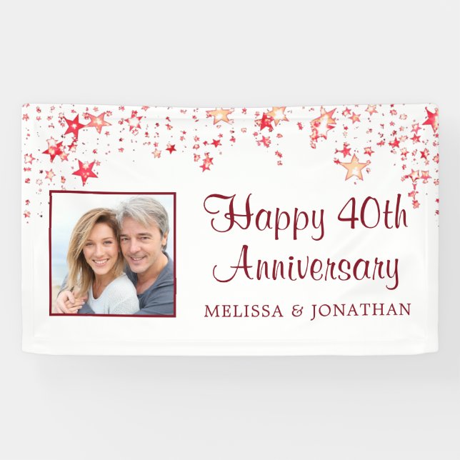 Banderoles 40e Anniversaire Moderne Ruby Red Stars Photo (Horizontal)