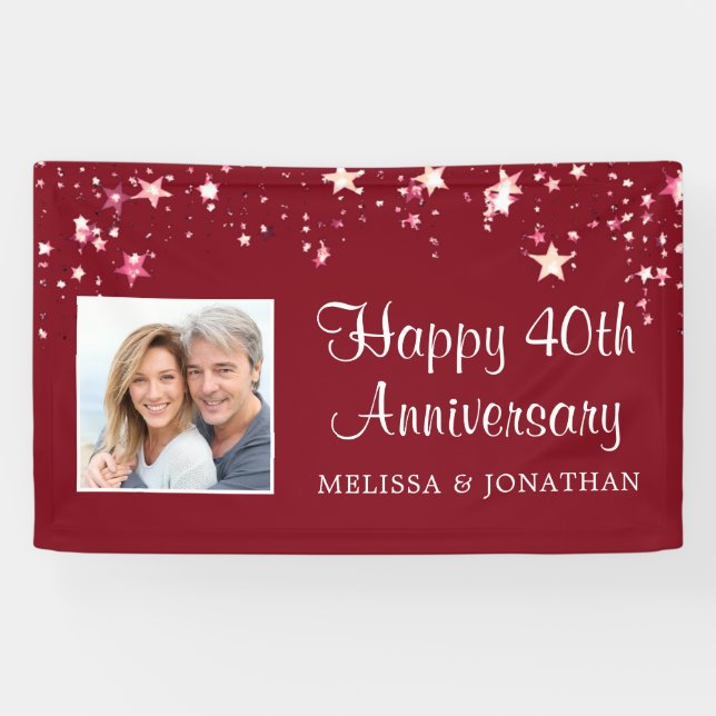 Banderoles 40e Anniversaire Moderne Ruby Red Stars Photo (Horizontal)