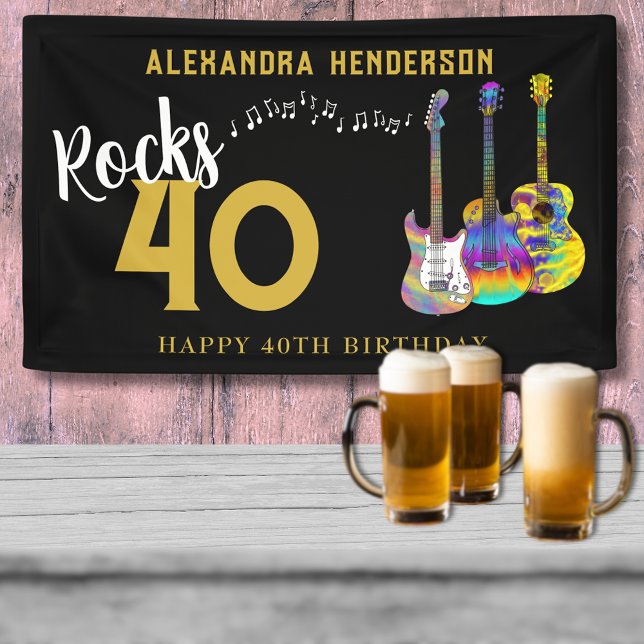 Banderoles 40e Anniversaire Musique Guitares Rock et Roll (Rock and roll black and gold music guitar 40th birthday party banner)