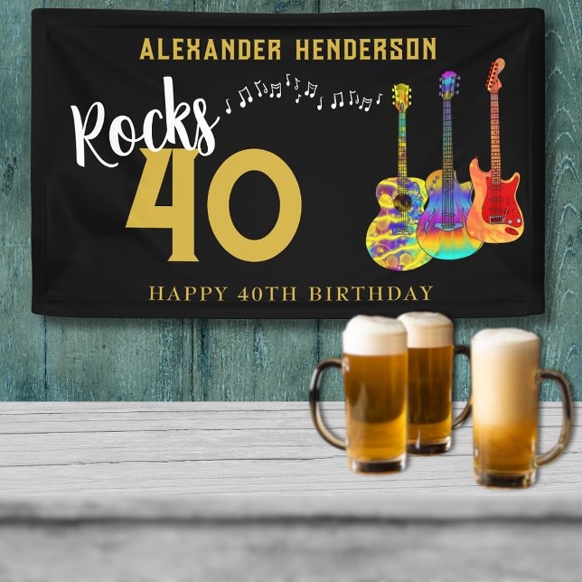 Banderoles 40e anniversaire Nom de la fête Guitares Musique R (Custom rocks 40 black and gold 40th birthday party banner rock and roll guitar illustration )