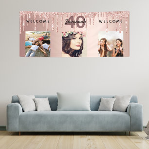 Banderoles 40e anniversaire photo rose or parties scintillant