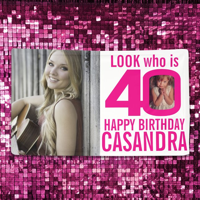 Banderoles 40e anniversaire rose look 40 photo personnalisée  (Créateur téléchargé)