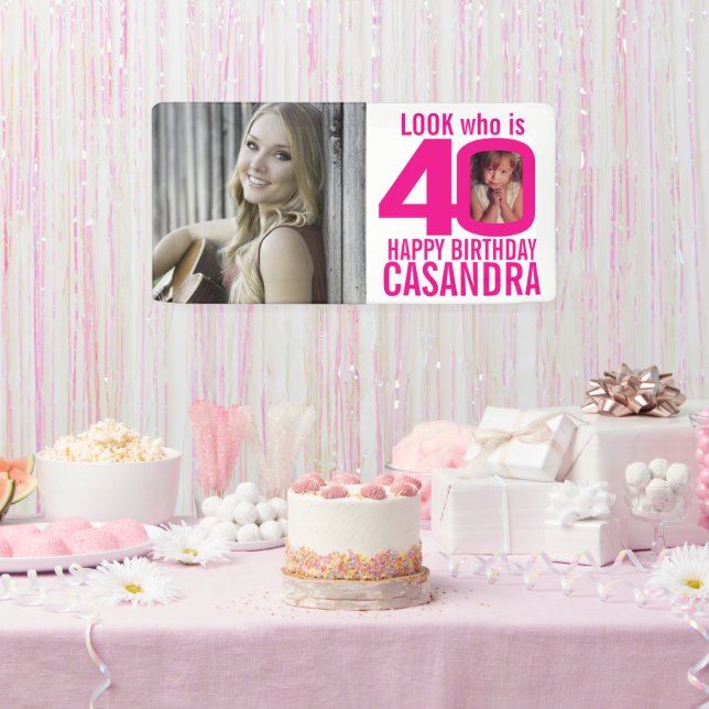 Banderoles 40e anniversaire rose look 40 photos personnalisée (Fête)