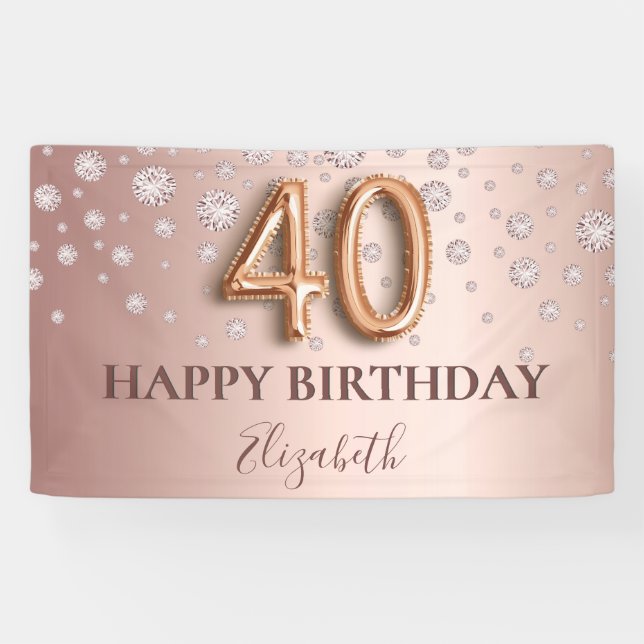 Banderoles 40e anniversaire rose or diamants script de ballon (Horizontal)