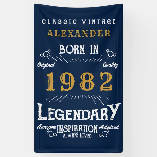 Banderoles 40th Birthday 1982 Ajouter Nom Blue Gold Legendary (Vertical)