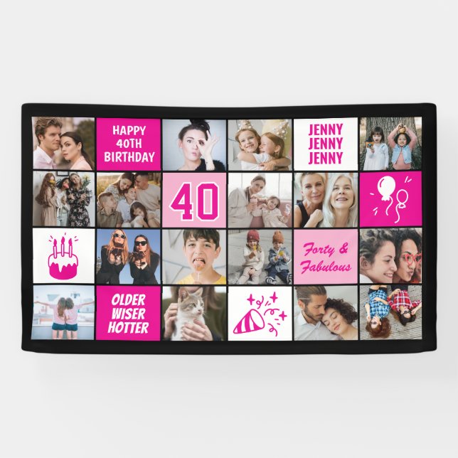 Banderoles 40th Birthday Photo Collage Custom Pink Black (Horizontal)