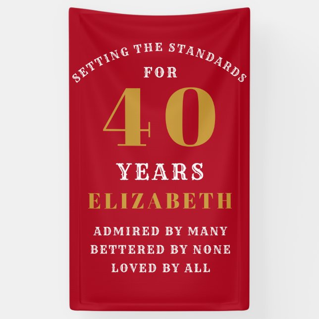 Banderoles 40th Birthday Standards Red Gold Ajouter votre nom (Vertical)