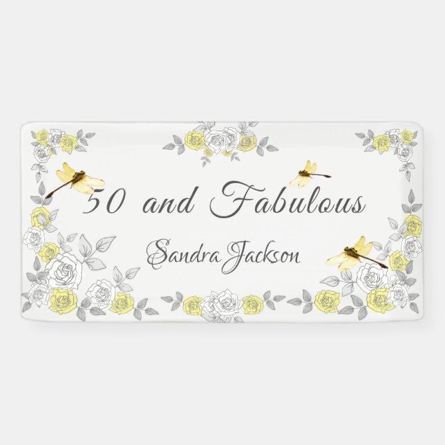 Banderoles 50 ans et Fabulux Anniversaire Jaune Gris Floral (Horizontal)