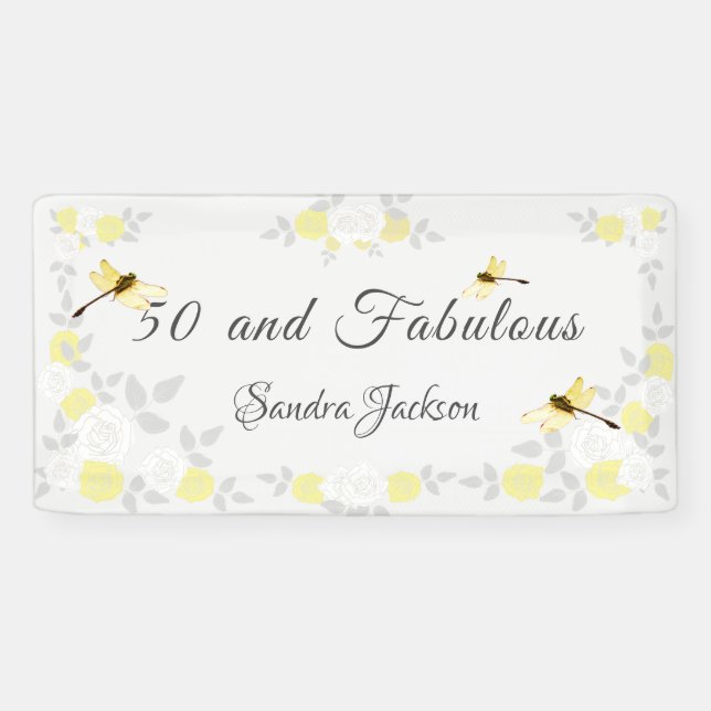 Banderoles 50 et fabuleux anniversaire Jaune gris floral (Horizontal)