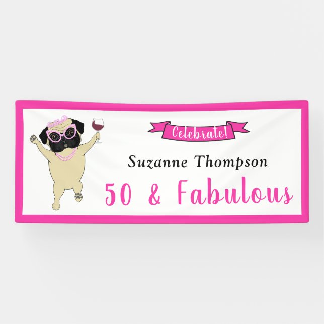 Banderoles 50 et fabuleux Anniversaire rose vif avec Carlin D (Horizontal)