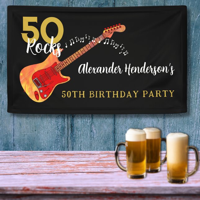 Banderoles 50 Rocks Guitare Cool 50e fête d'anniversaire (50 Rocks cool guitar 50th birthday party banner for him gold and black)