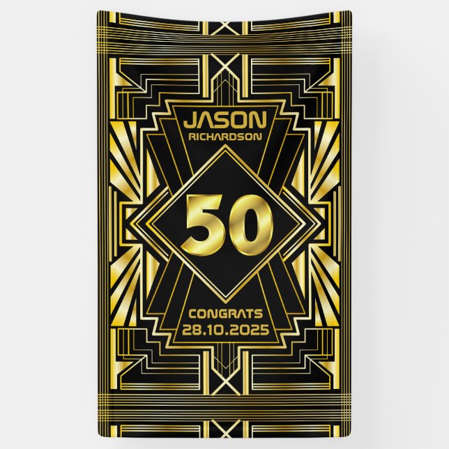 Banderoles 50e anniversaire Art Déco Gold Black Great Gatsby (Vertical)
