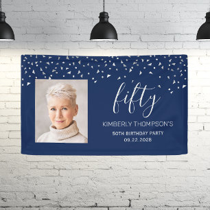 Banderoles 50e Anniversaire Bleu Nuit Argent Confettis Photo