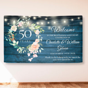 Banderoles 50e anniversaire Blue Rustic Floral Lumières Bienv