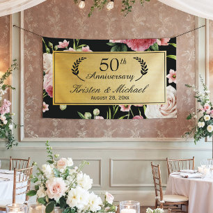 Banderoles 50e anniversaire de Mariage Black Gold Vintage Flo