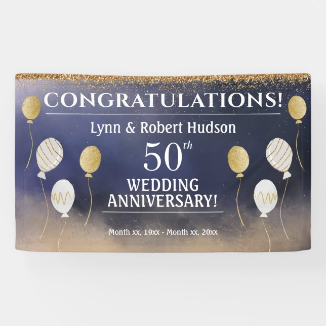 Banderoles 50e anniversaire de Mariage, or, bleu, blanc (Horizontal)