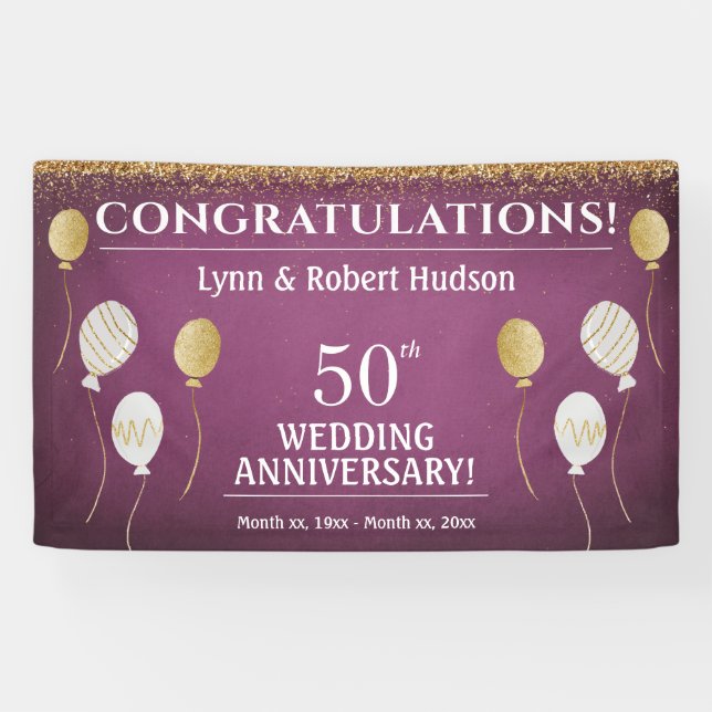 Banderoles 50e anniversaire du Mariage Ballons d'or (Horizontal)