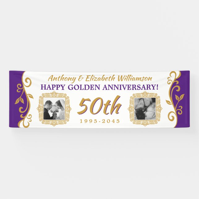 Banderoles 50e anniversaire du Mariage Vos photos Purple Gold (Horizontal)