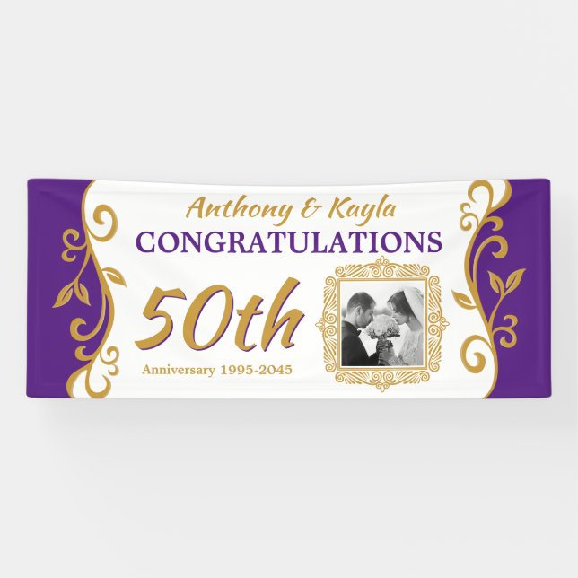 Banderoles 50e anniversaire du Mariage Votre photo Purple Gol (Horizontal)