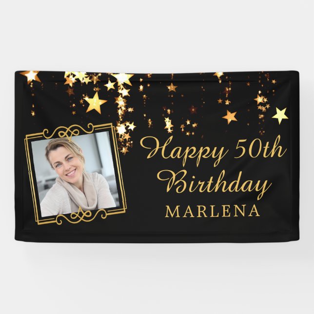 Banderoles 50e anniversaire Elegant Script Gold Stars Photo (Horizontal)