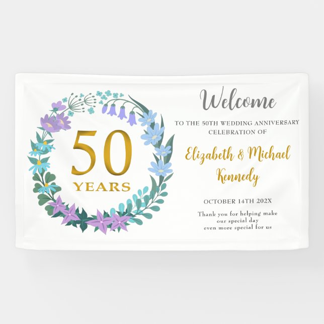 Banderoles 50e anniversaire Golden Floral Wreath Mariage (Horizontal)
