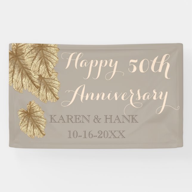 Banderoles 50e anniversaire Mariage Elégante feuille d'or bei (Horizontal)