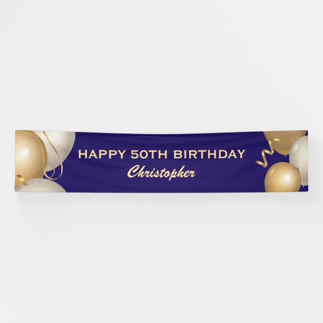Banderoles 50e Anniversaire Marine Bleu et Ballons d'or (Horizontal)
