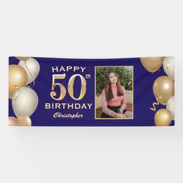 Banderoles 50e Anniversaire Marine Bleu et Ballons d'or (Horizontal)