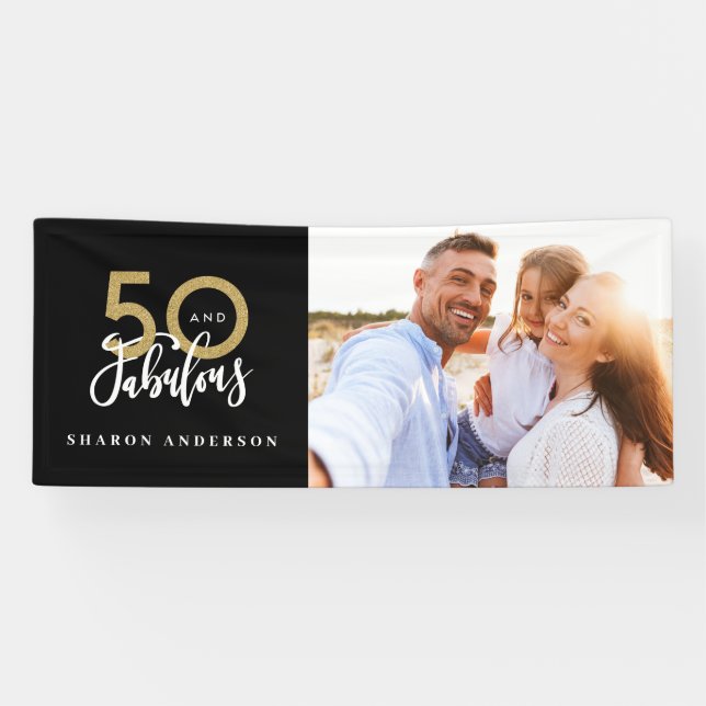 Banderoles 50e anniversaire noir et or photo moderne (Horizontal)