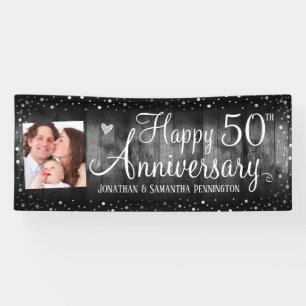 Banderoles 50e Anniversaire Rustic Bois Photo Argent Confetti