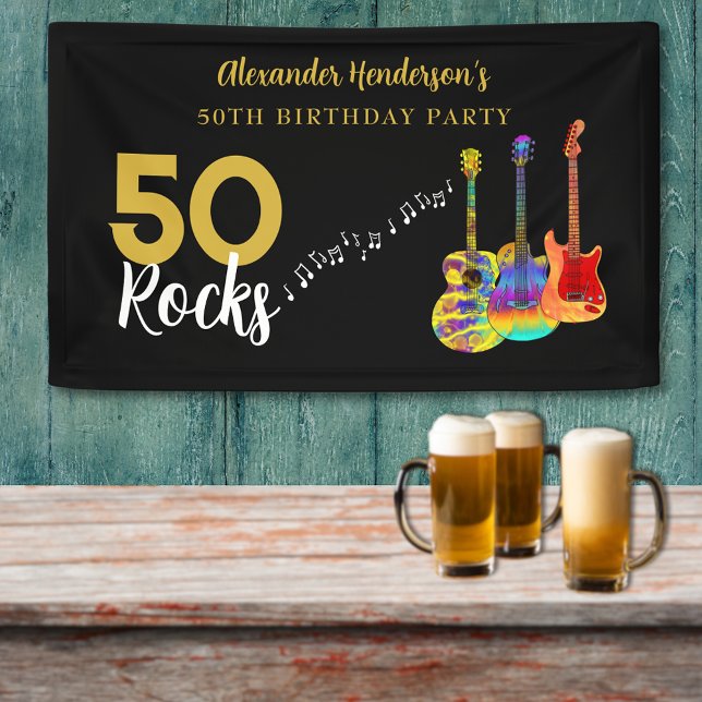 Banderoles 50e fête d'anniversaire 50 rochers Personnalisé (Rock and roll 50 rocks birthday party banner black and gold and colorful guitar music theme)