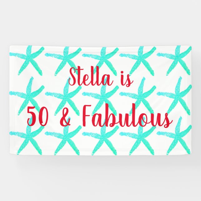 Banderoles 50th Birthday Teal Starfish Patterns Fifty Age (Horizontal)