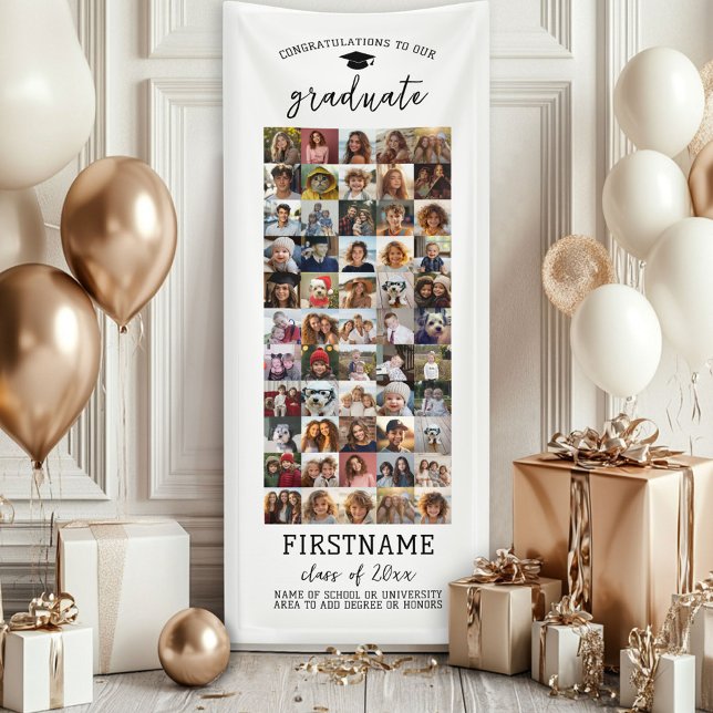 Banderoles 55 Photo Collage Graduation Moderne Minimal Blanc (Custom Graduation Banner - Great for a backdrop or Grad Party Decoration)