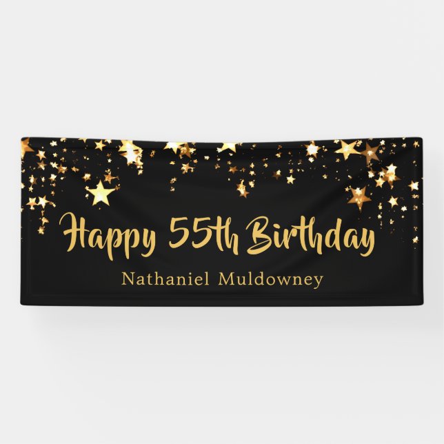 Banderoles 55e anniversaire Brush Script Black Gold Stars (Horizontal)