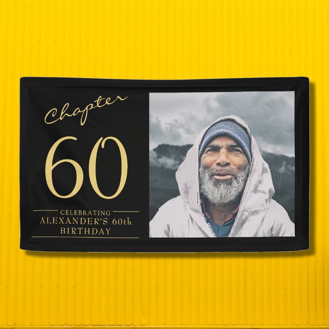 Banderoles 60e anniversaire Black Gold Photo (Personalized unique 60th birthday banner in black and gold with your favorite photo.)