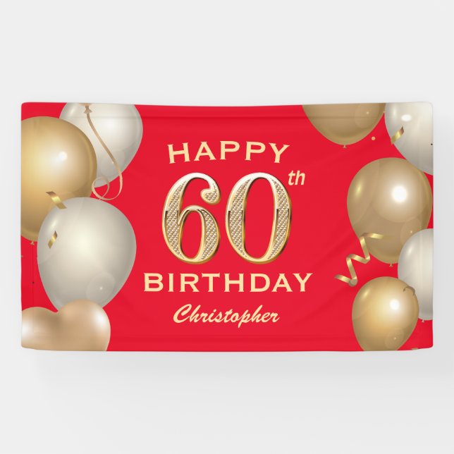 Banderoles 60e Anniversaire des Ballons Rouge et Or (Horizontal)