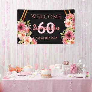Banderoles 60e anniversaire fleurs d'or rose noire