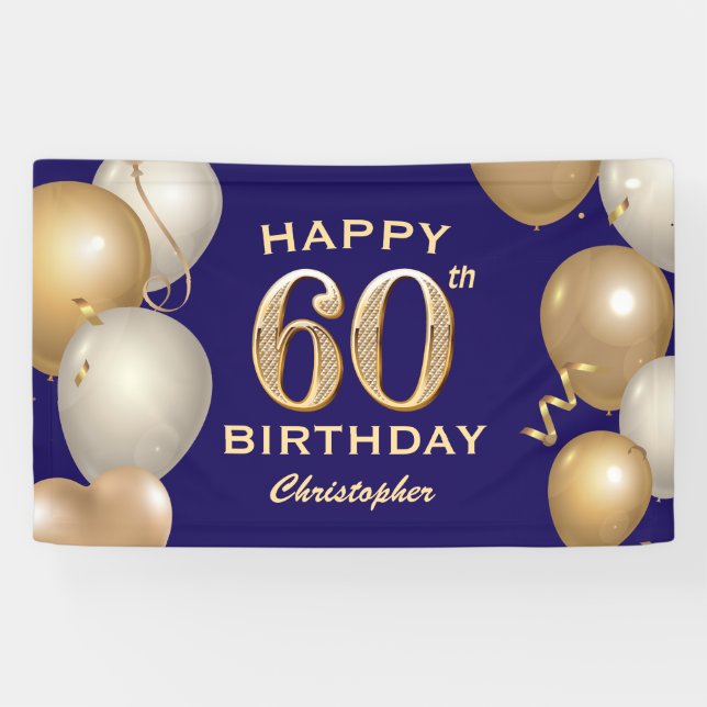 Banderoles 60e Anniversaire Marine Bleu et Ballons d'or (Horizontal)