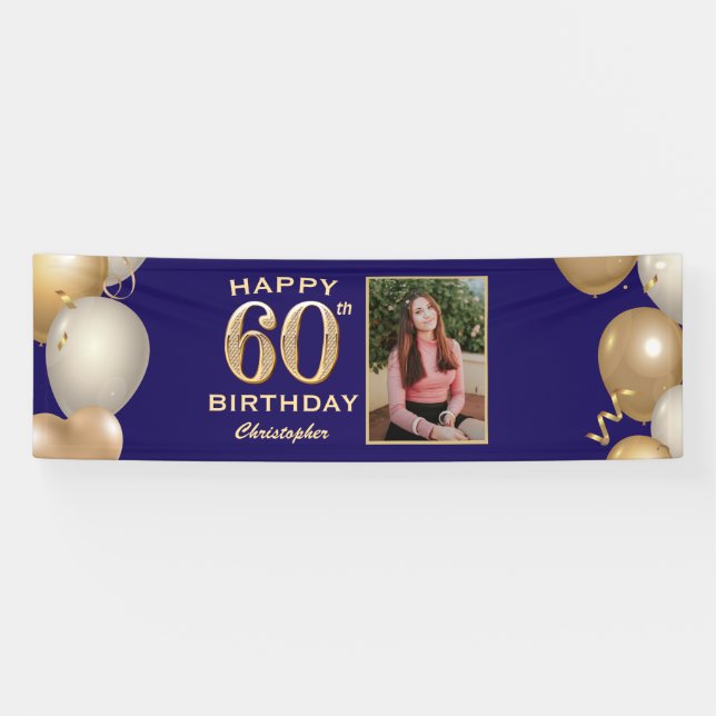 Banderoles 60e Anniversaire Marine Bleu et Ballons d'or (Horizontal)