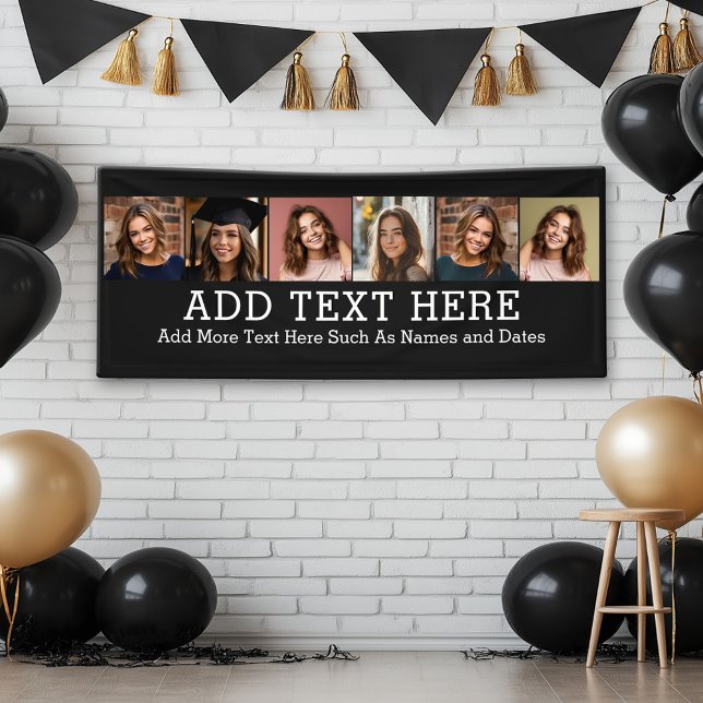 Banderoles 6 Collage photo 2 lignes de texte — CAN Edit Black (Custom Graduation Banner with Photo and Grad Name)