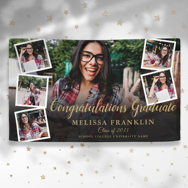 Banderoles 6 Photo Collage moderne Gold Graduation Party (6 Photo Collage Modern Gold Graduation Party Banner)