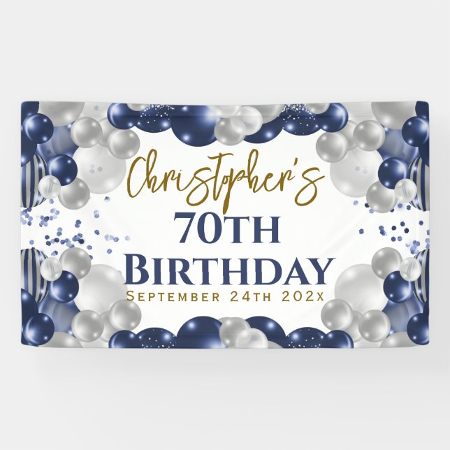 Banderoles 70e anniversaire Blue Balloons Party Bienvenue (Horizontal)