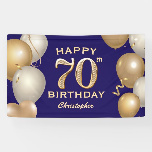 Banderoles 70e Anniversaire Marine Bleu et Ballons d'or (Horizontal)