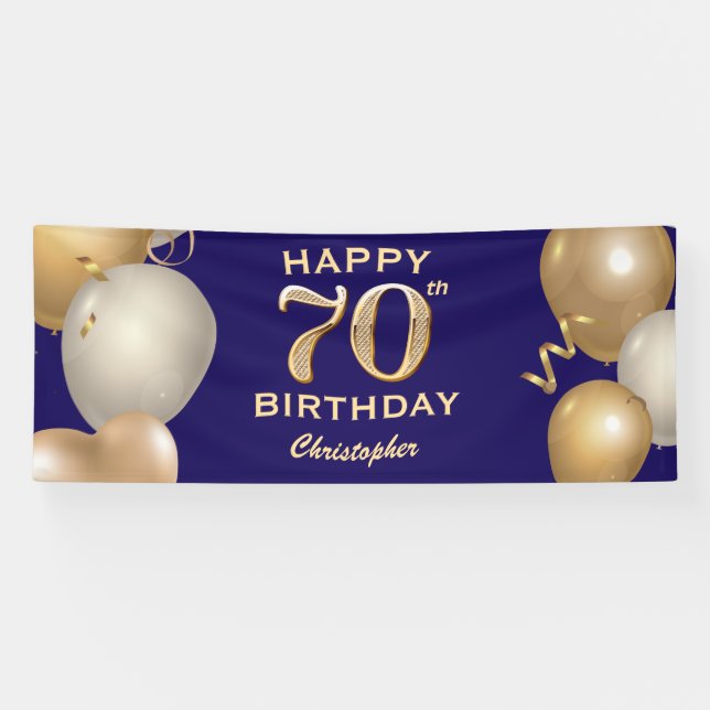 Banderoles 70e Anniversaire Marine Bleu et Ballons d'or (Horizontal)