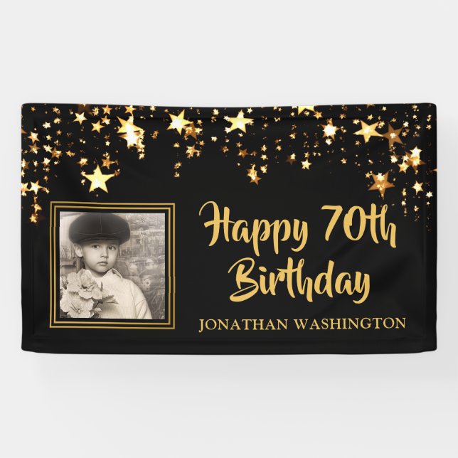 Banderoles 70e anniversaire Photo Black Gold Stars Personnali (Horizontal)